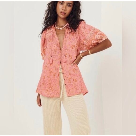 Spell & The Gypsy Sundown Boho Button Front Relaxed Short Sleeve Blouse XL - Picture 1 of 5